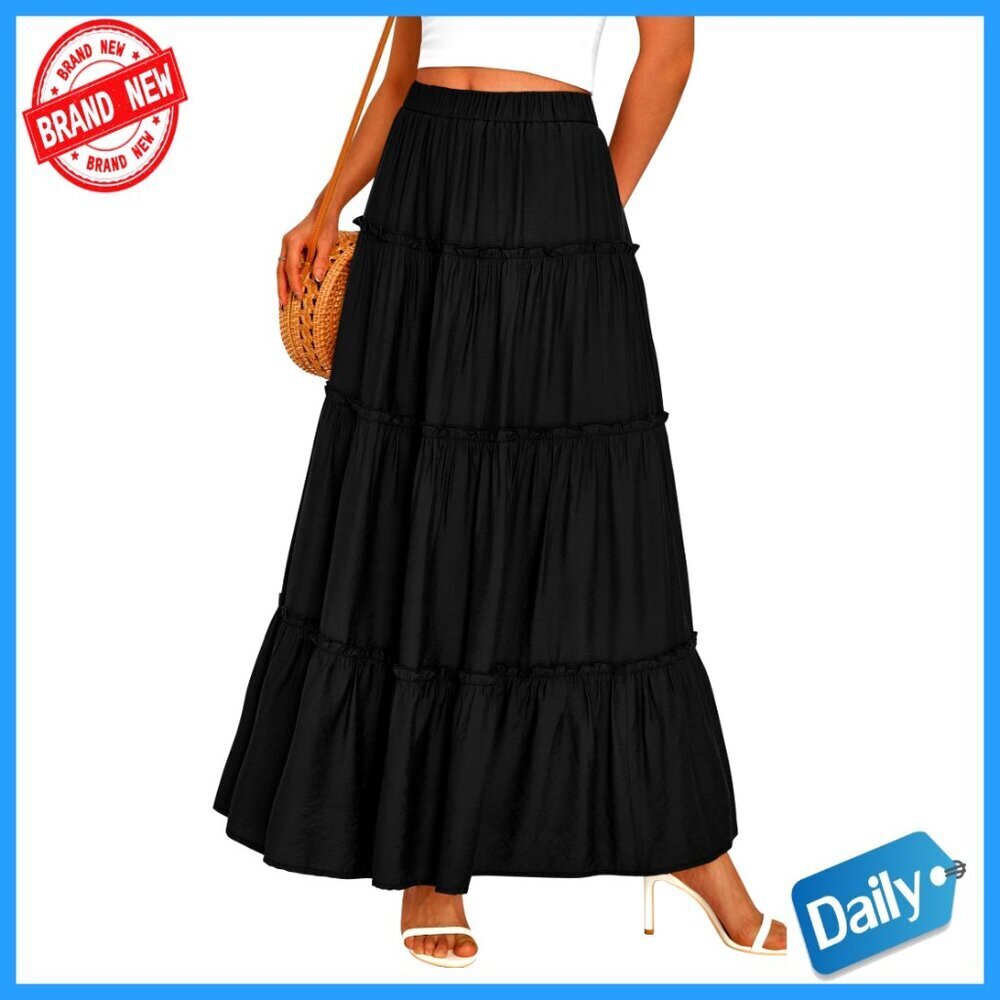Boho Maxi Skirt Tiered A-Line Flowy Elastic Waist Pockets